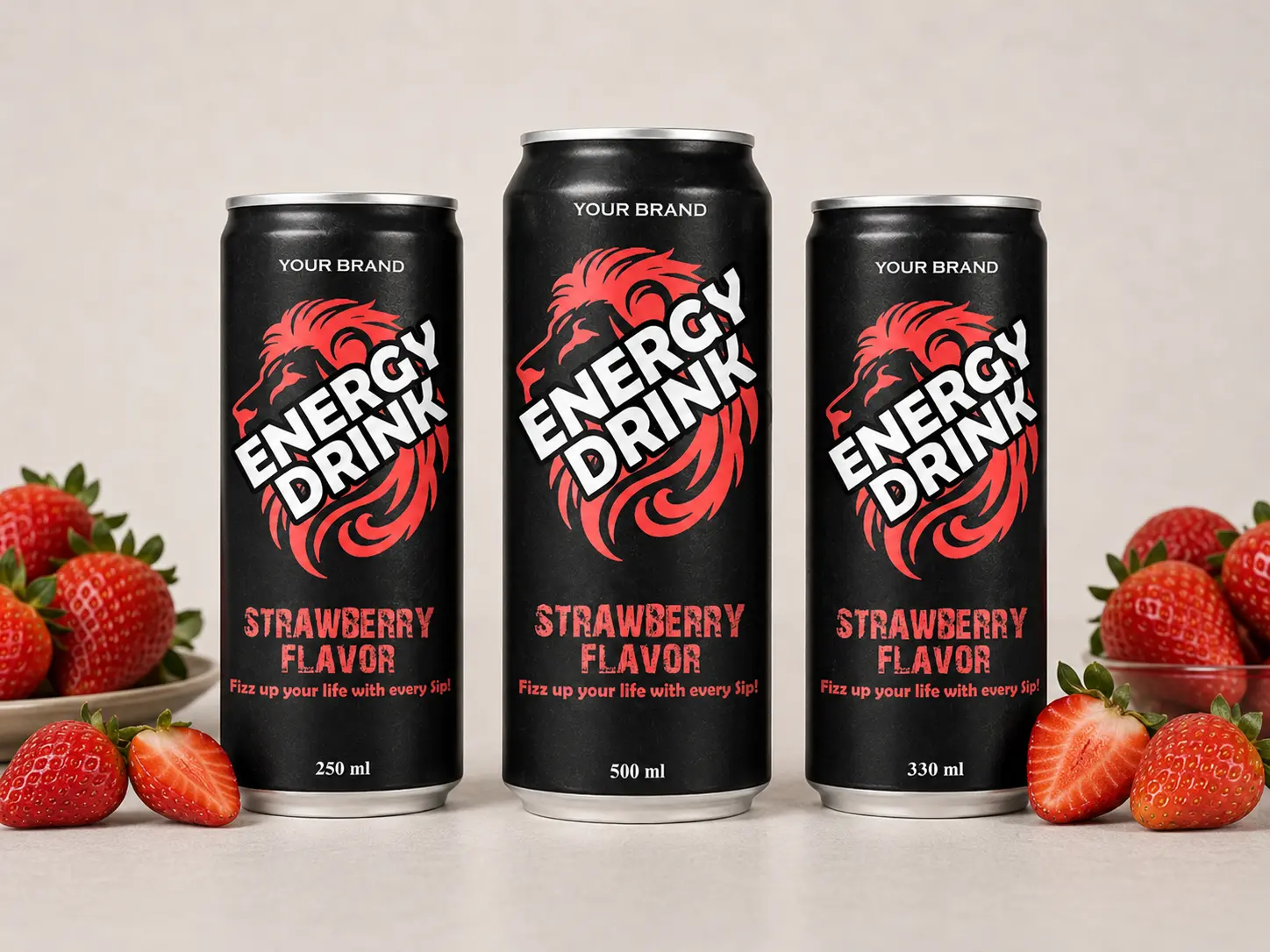 ENERGY DRINK Strawberry Flavor 250ml, 500ml and 330ml cans.